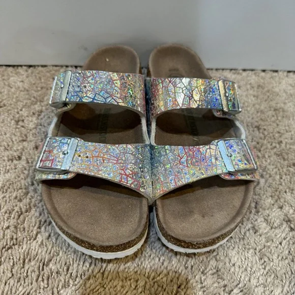 Birkenstock Arizona Shoes Womens Size 3 34 Silver Vegan Holographic Cork Sandals - Picture 2 of 7